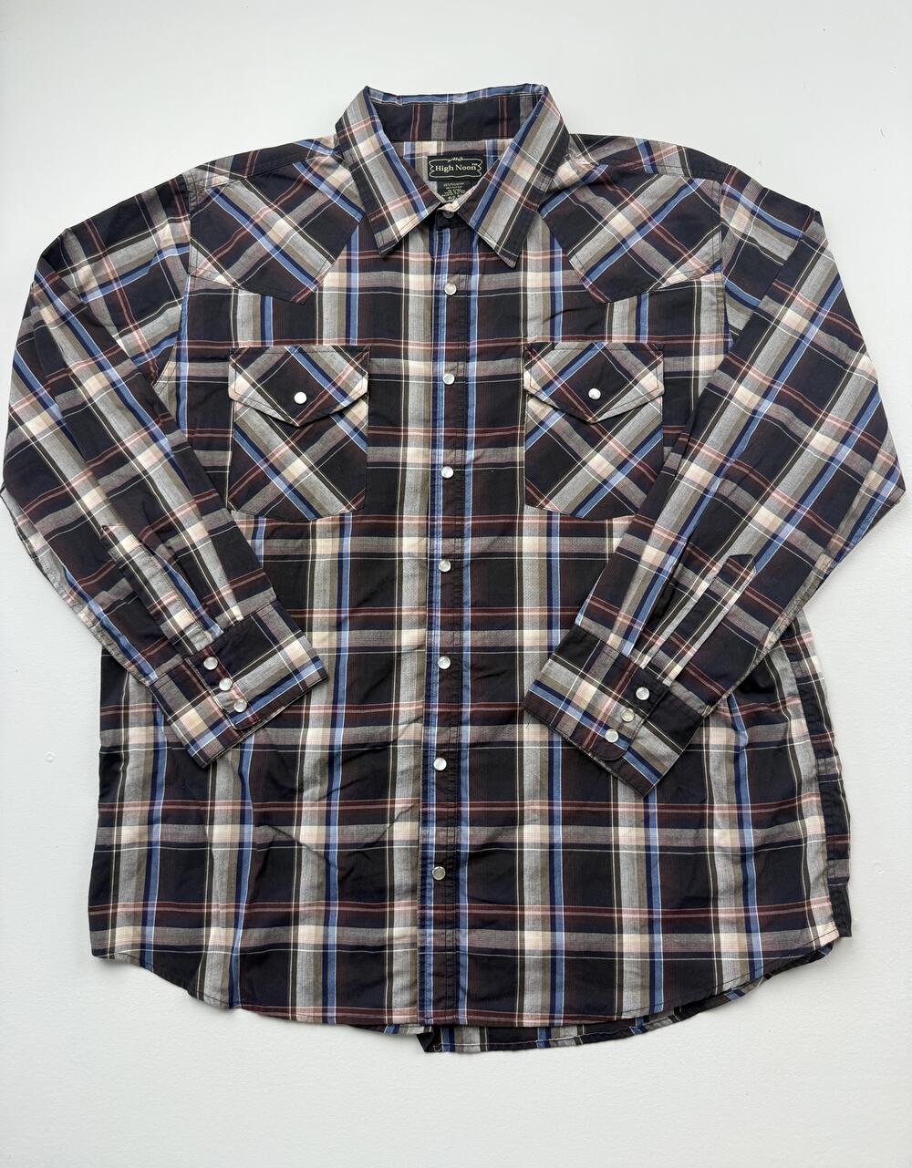 High Noon Shirt Mens XL Black Plaid Long Sleeve Western Pearl Snap Cowboy Casual